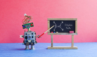 Chemistry lesson college. Robot professor explains molecular formula ethylene. Classroom interior with handwritten formula black chalkboard. Blue pink colorful background